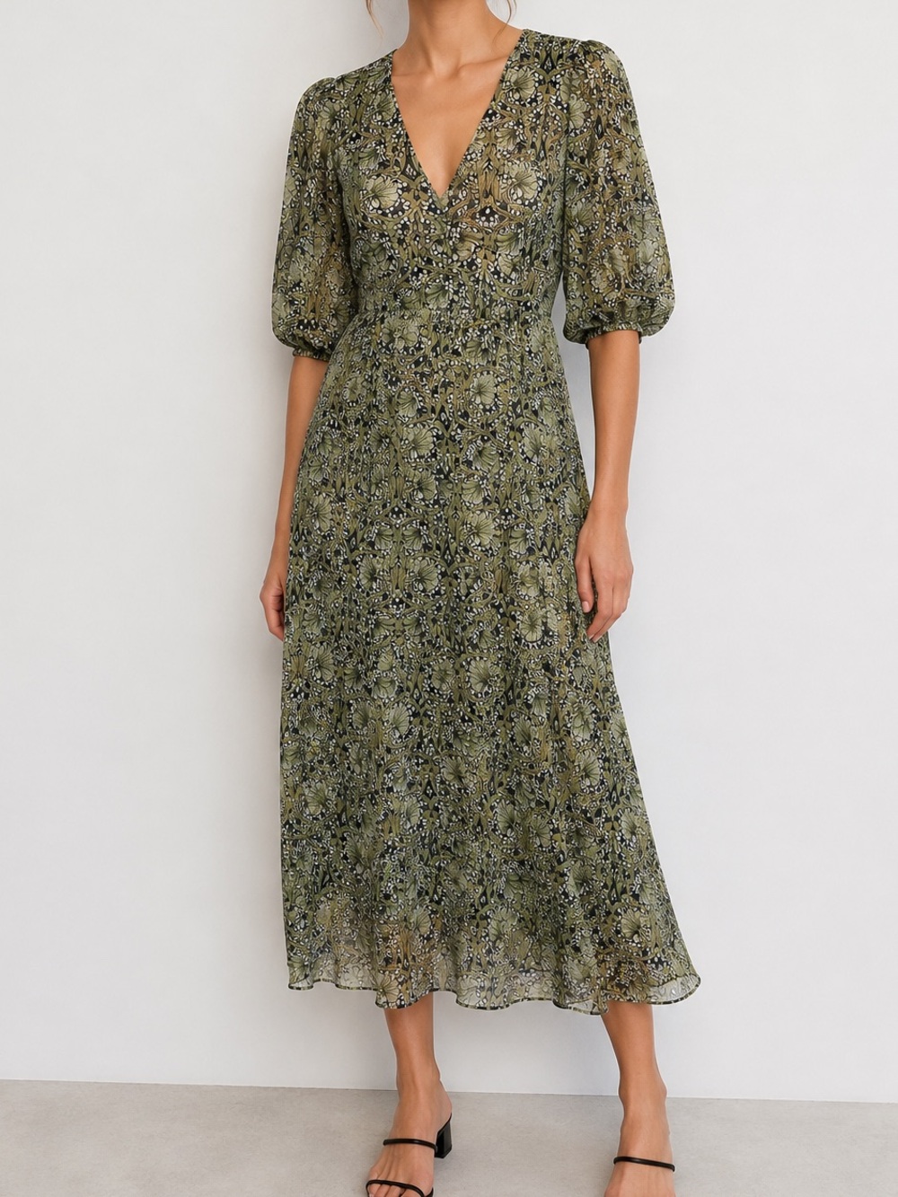 Mango Green Floral Sheer Boho V-Neck Button Front Puff Sleeve Maxi Dress